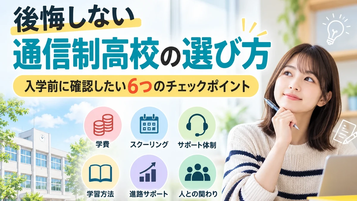 後悔しない通信制高校の選び方 入学前に確認したい6つのチェックポイント（学費・スクーリング・サポート体制・学習方法・進路サポート・人との関わり）